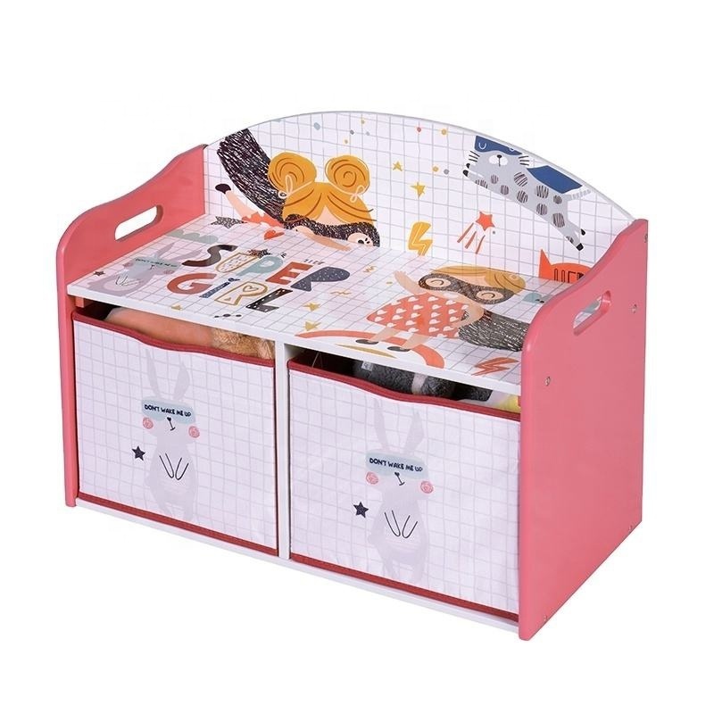 Wooden children's storage box Toy bench Children's furniture Pink girls Large toy storage box Two fabric drawers