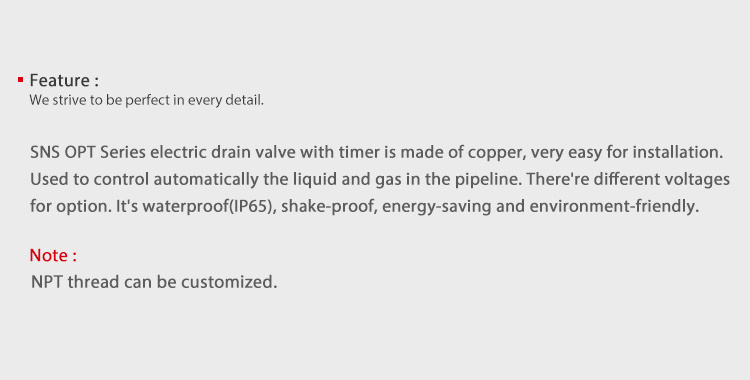 SNS pneumatic OPT Series brass automatic water drain solenoid valve with timer
