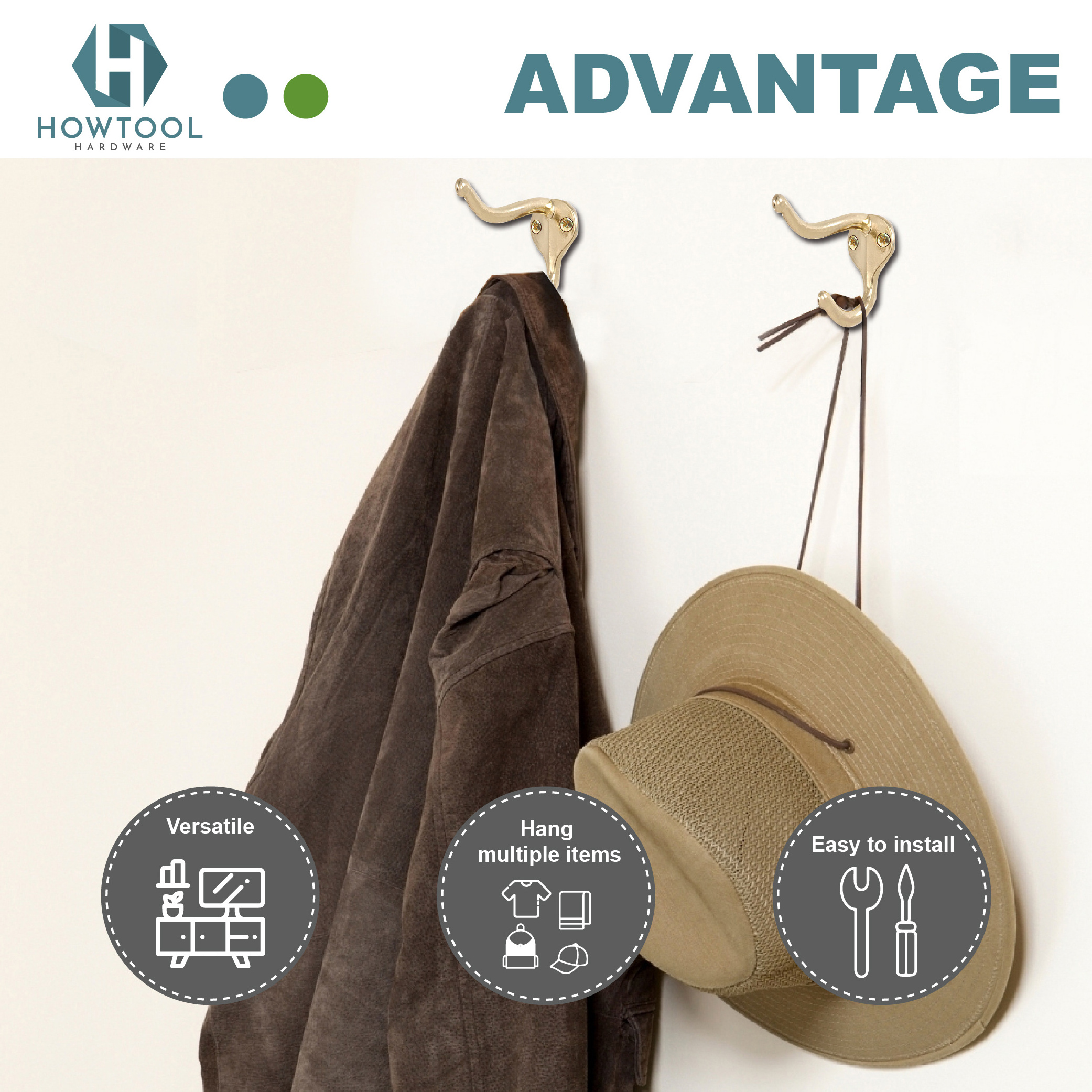 Coat Hooks Double Heavy Duty Utility Wall Mounted Dual Rustic Clothes Towel Holder Hanger Brass Plated HOWTOOL A304-BP