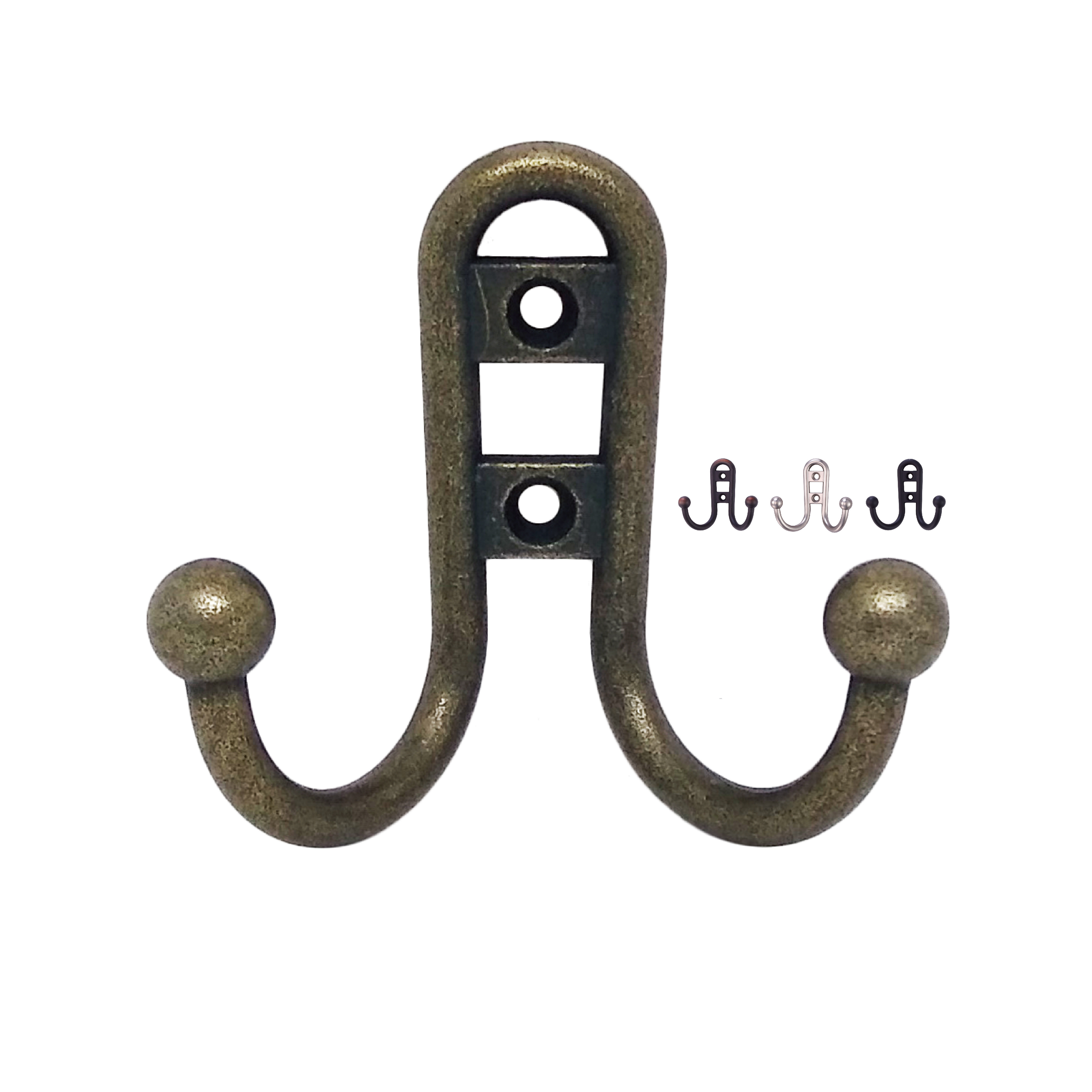 Heavy Duty Vintage Rustic Zinc Cast Iron Double Prong Robe Wall Hook in Antique Brass