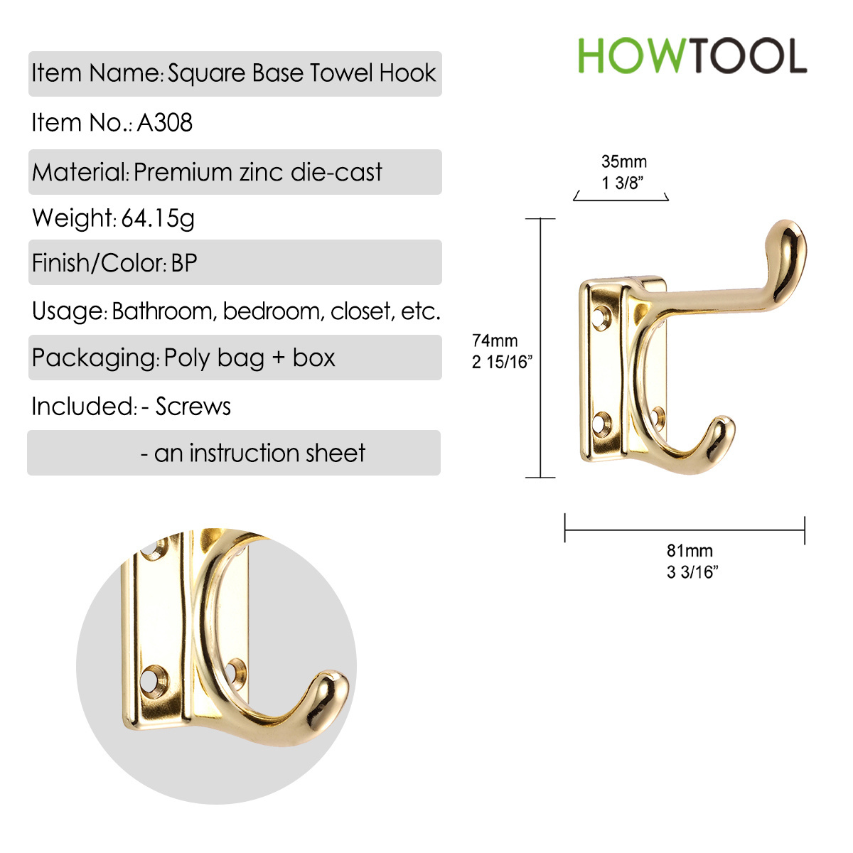 Sturdy Coat Hooks Heavy Duty Brass Plated Metal Hanging Robe Towel Hook for Wall