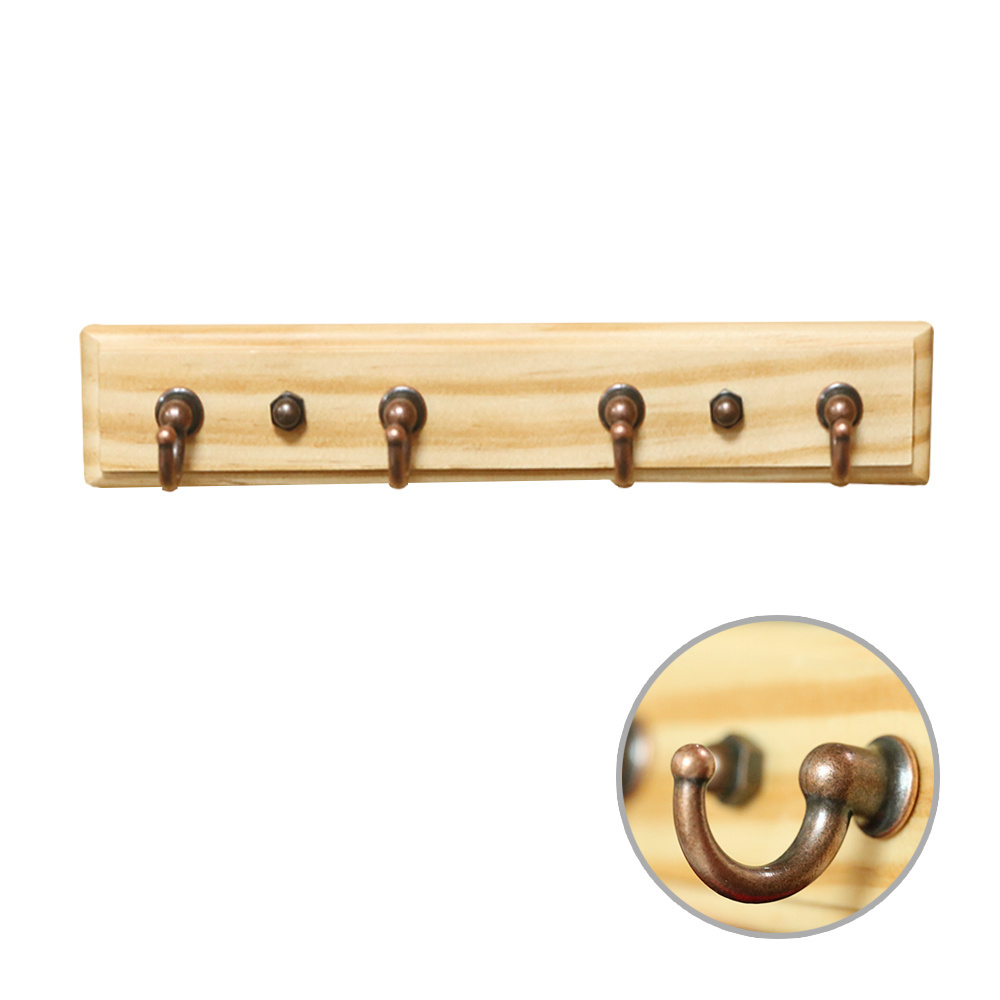 Self Adhesive Wooden Home Hook Coat Hat Key Rack with 4 Decorative Hooks