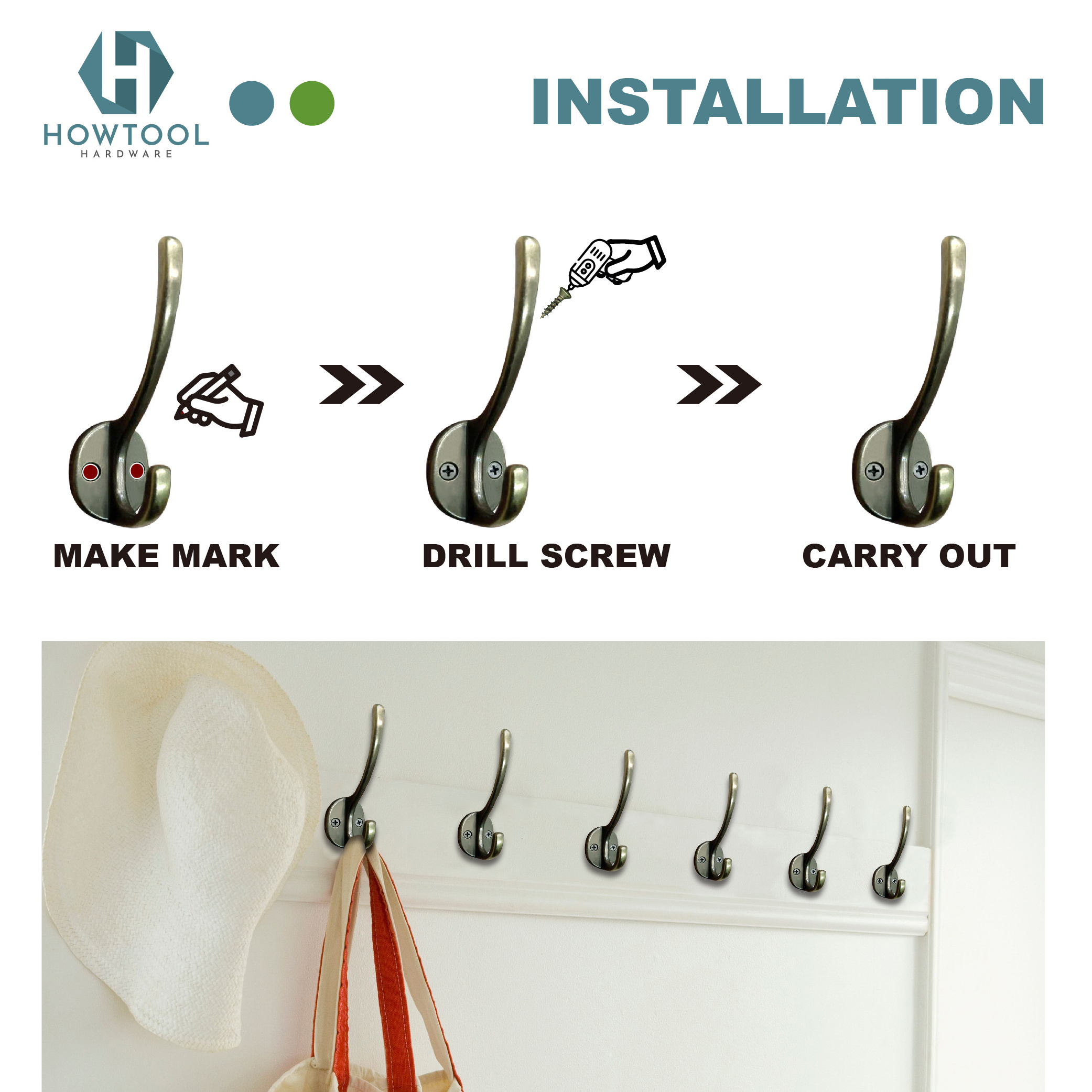 A309 Home & Kitchen Home Decorative Wall Mounted Double Coat Hooks for Hanging Backpack Towel Key Hat