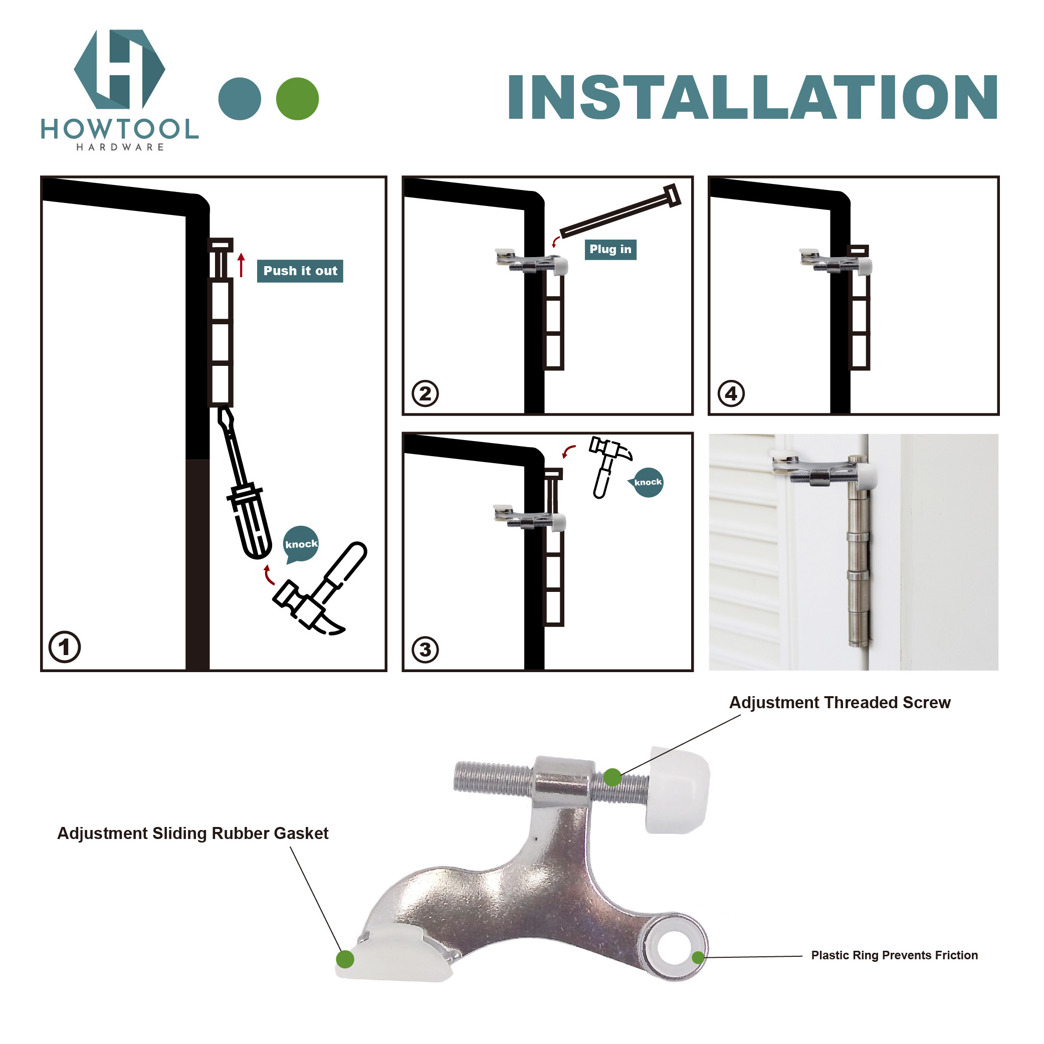 HOWTOOL B300 Door Stopper Satin Nickel Brushed Heavy Duty Hinge Pin Door Stop with White Rubber Bumper Tips