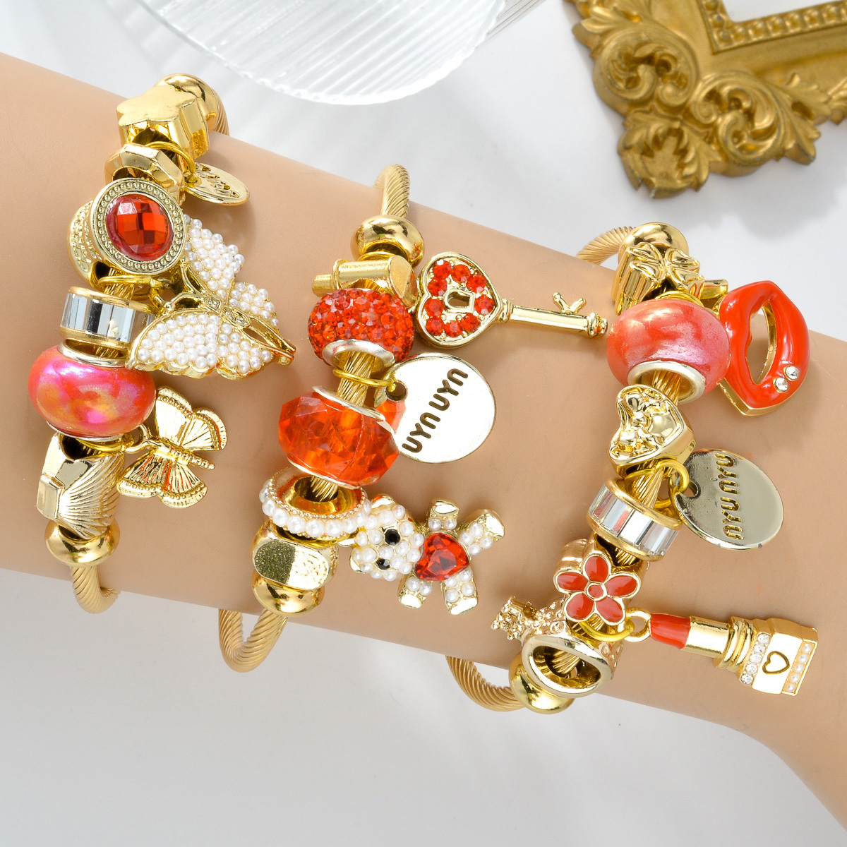 Fashion Jewelry Gift Wristbands Adjustable 18K Gold Plated Stainless Steel Eye Shell Flower Fruit Crystal Charm Bracelet