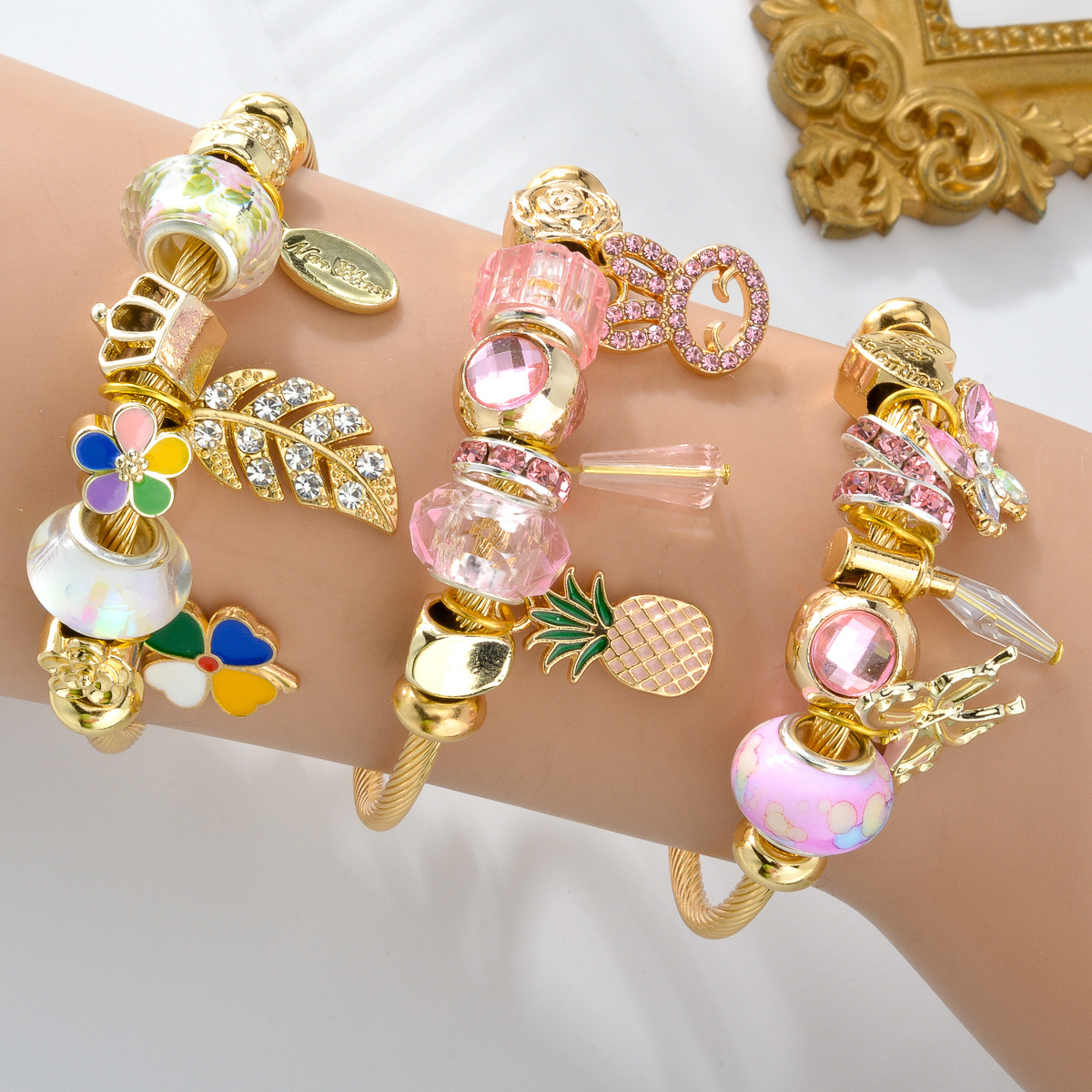 Fashion Jewelry Gift Wristbands Adjustable 18K Gold Plated Stainless Steel Eye Shell Flower Fruit Crystal Charm Bracelet