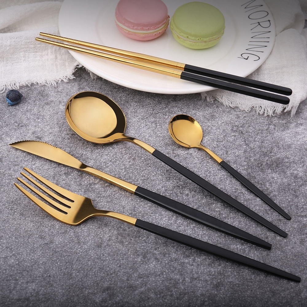 Black Gold Silverware Wedding Party Stainless Steel 24pcs Flatware Tableware Spoon Fork Knife Cutlery Set