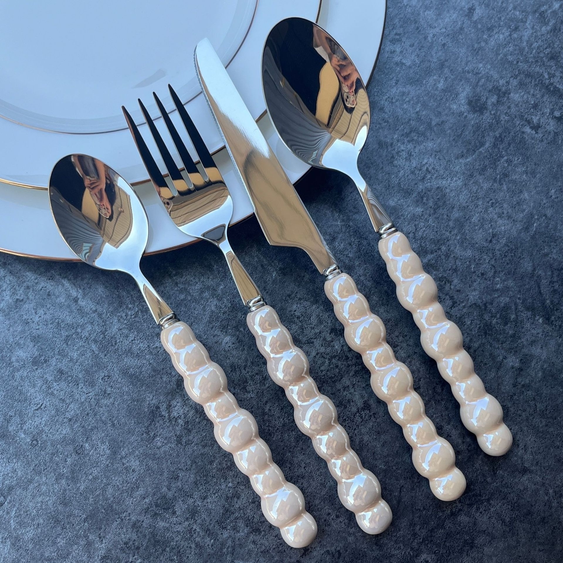 Ceramic Pearl Handle Silverware 304 Stainless Steel Home Flatware Tableware Spoon Fork Knife Cutlery Set