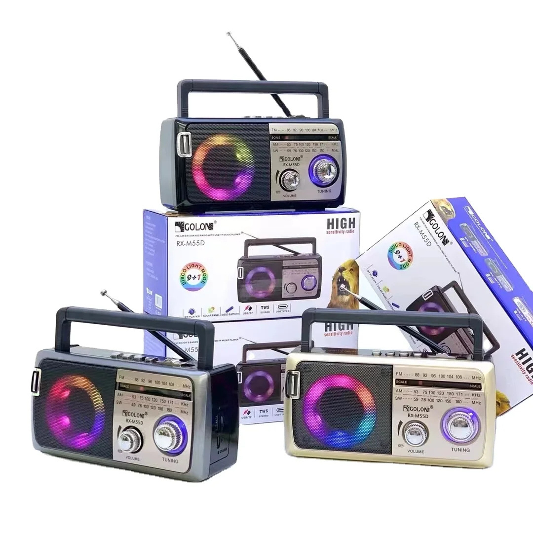 2024 Newest Golon stereo am fm sw radio speaker Classical disco light portable speaker with am fm sw radio RX-M55D RGB