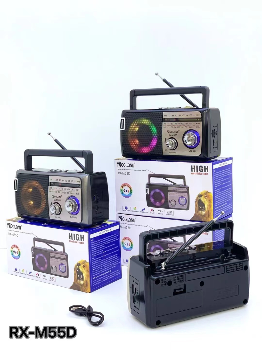 2024 Newest Golon stereo am fm sw radio speaker Classical disco light portable speaker with am fm sw radio RX-M55D RGB