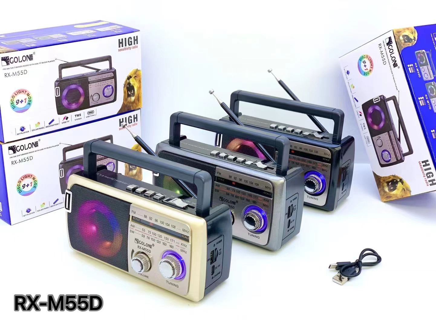 2024 Newest Golon stereo am fm sw radio speaker Classical disco light portable speaker with am fm sw radio RX-M55D RGB