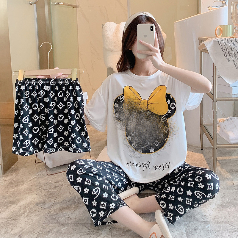 Factory wholesale Women's Cartoon Animal Print Pajamas Set Cute Casual Loose Three-Piece Set Sleepwear