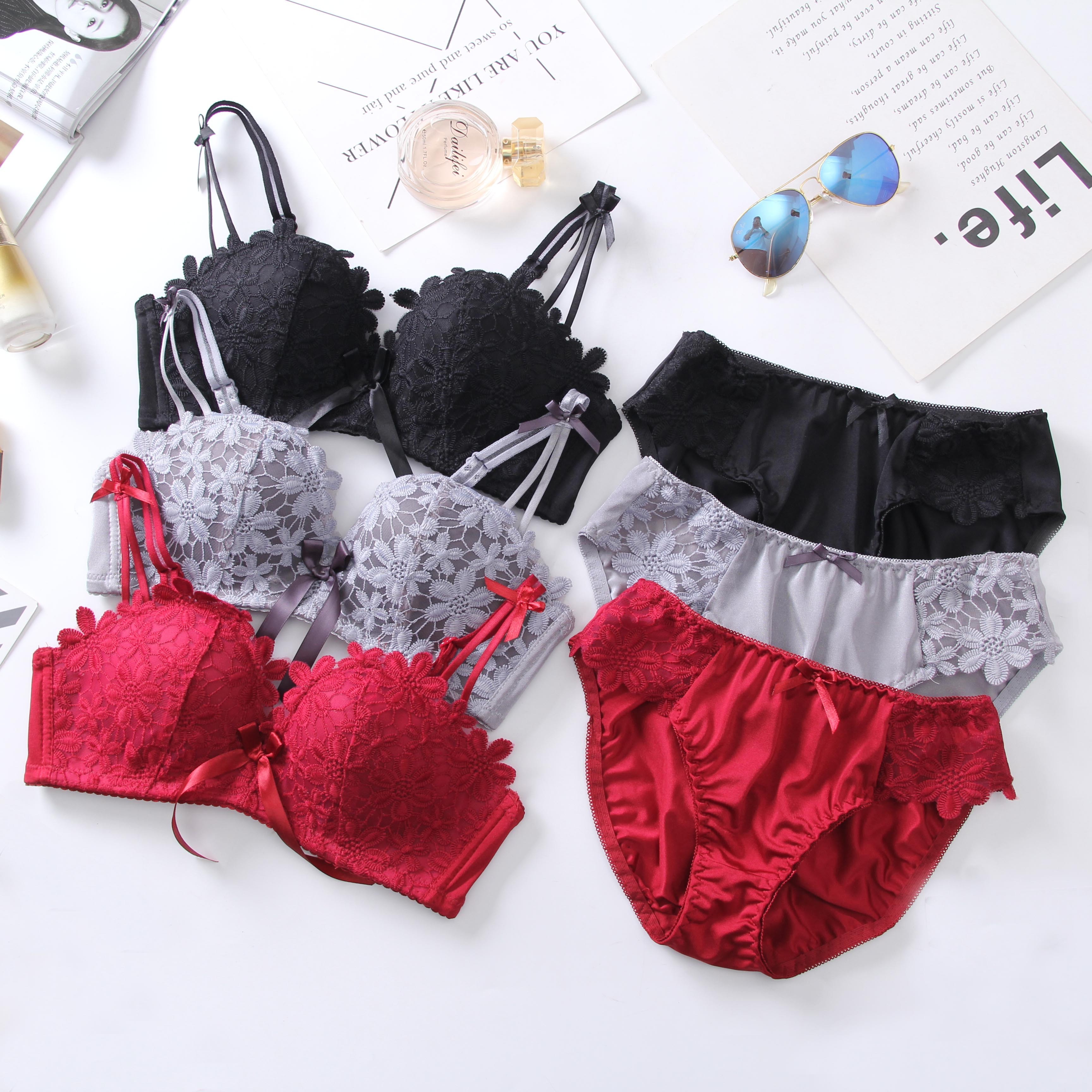 OEM China Supplier Breathable Adjustable Wire Free Floral  Lace Sexy Women Bra Panty Sets