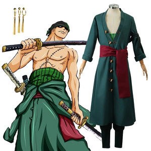 Anime Roronoa Zoro Cosplay Costumes Halloween Kimono Sets Men Role Play Uniform Gold Earrings Green Suit