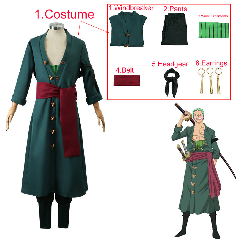 Anime Roronoa Zoro Cosplay Costumes Halloween Kimono Sets Men Role Play Uniform Gold Earrings Green Suit