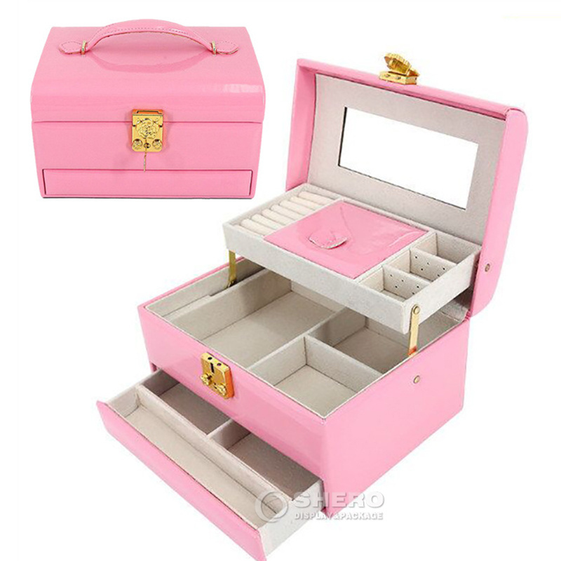 Shreo Wholesale Pink Pu Leather Travel Jewelry Organizer Case Custom Unique Travel Jewelry Cases With Mirror