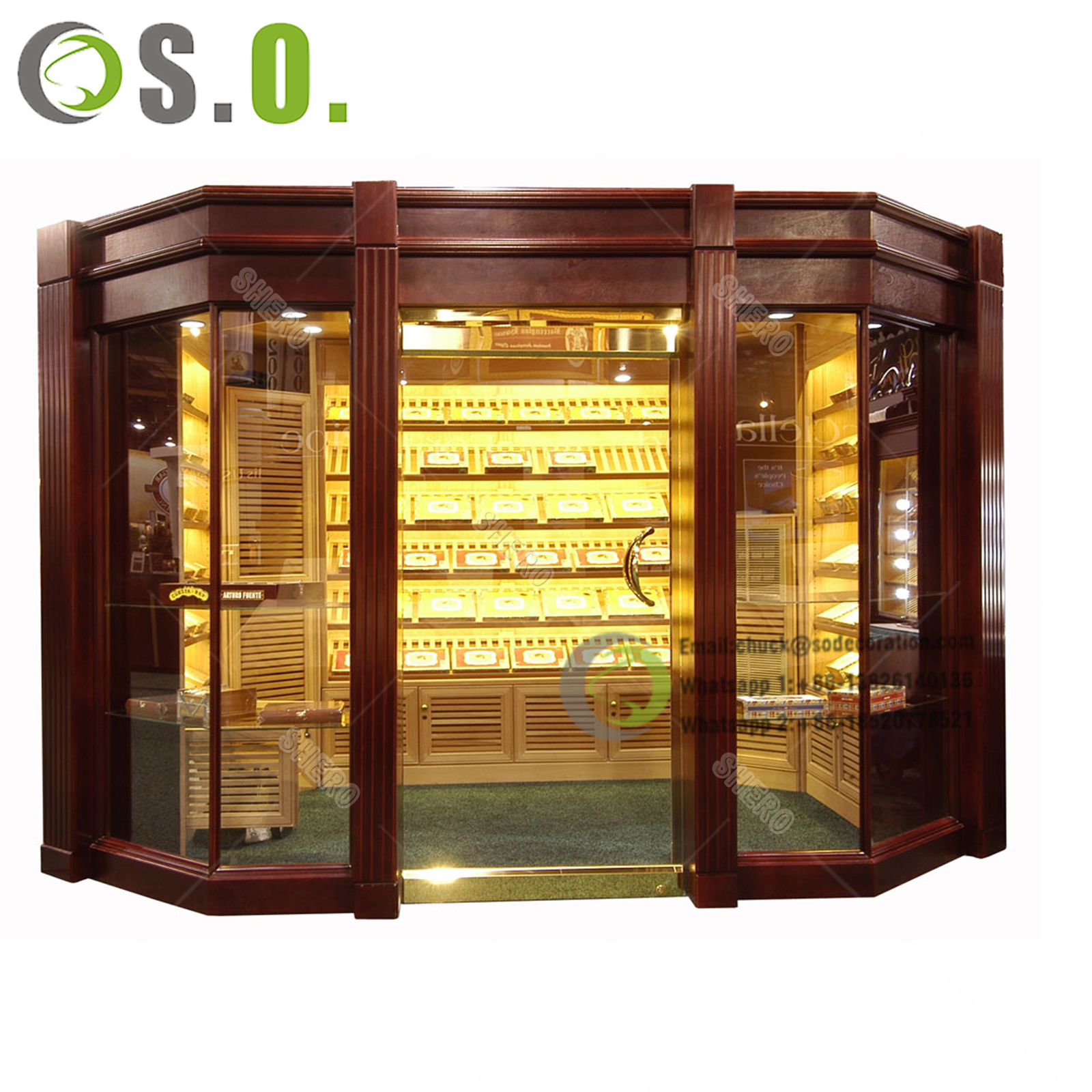 Vintage Custom Solid Wood Cigar Display Cigar Humidor Furniture Lighting Tobacco Display Cabinet Cigar Showroom Display Shelf