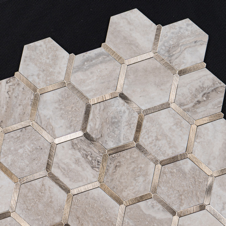 Hot Sale Popular Design Stone Texture Beige Inlaid Gold Hexagonal Mosaic Wall Tile Sticker Backsplash Stick On Wall