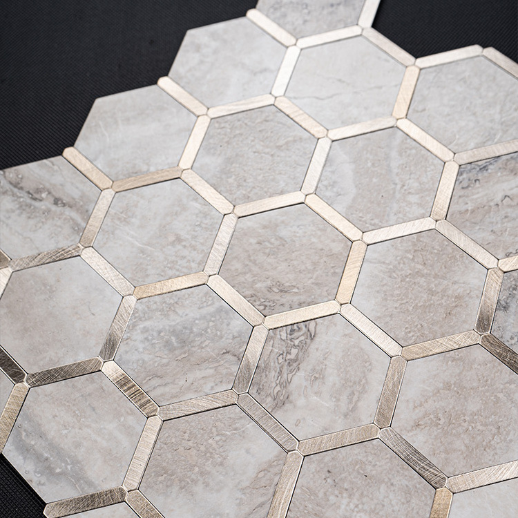 Hot Sale Popular Design Stone Texture Beige Inlaid Gold Hexagonal Mosaic Wall Tile Sticker Backsplash Stick On Wall