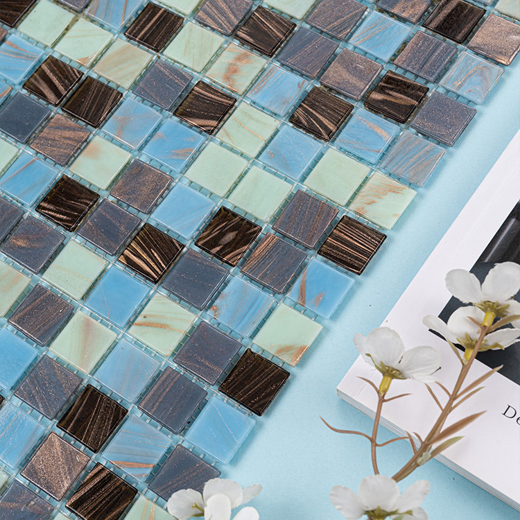 China Factory Hot Sale Easy To Clean Blue And Brown Mix Mirror Glass Backsplash Kitchen Tiles Mosaic