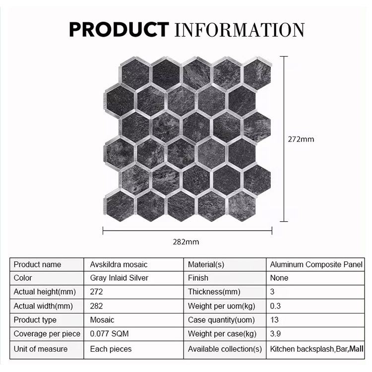 Customizable Modern Luxury Aluminium Hexagonal Peel And Stick 3d Peel And Stick Mosaic Tiles