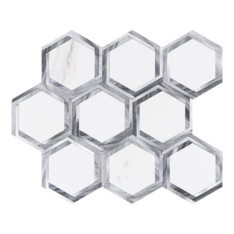 Hot Selling Products Kitchen Backsplash Peel And Stick Wall Tiles Waterproof Grey Silver Inlaid White Hexagonal Mosaic