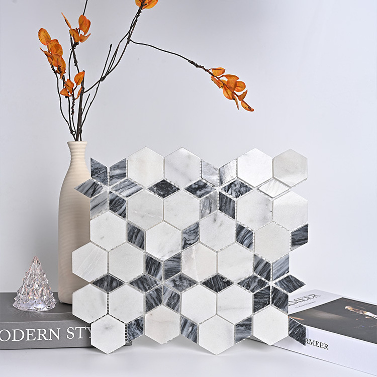 Factory Custom Anti-Mold Adhesive Mosaic Backsplash Kitchen Tiles Waterproof Hexagon Marble Mosaic Tile