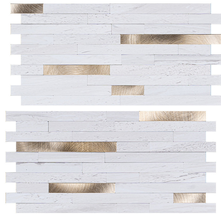 Hot Sales Gold Inlaid White Fireproof Self Adhesive Strip Mosaic Tile Living Room Interior Wall Mosaics