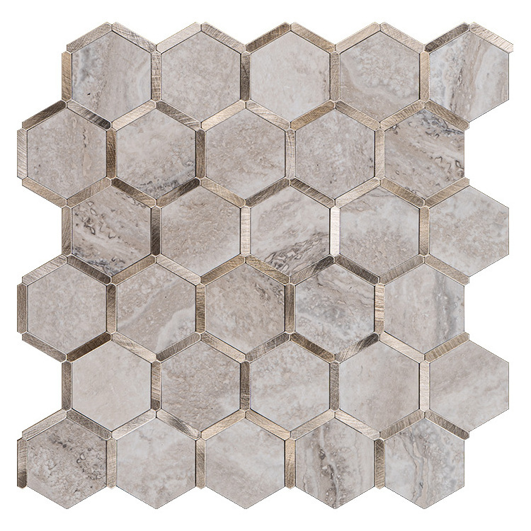 Hot Sale Popular Design Stone Texture Beige Inlaid Gold Hexagonal Mosaic Wall Tile Sticker Backsplash Stick On Wall