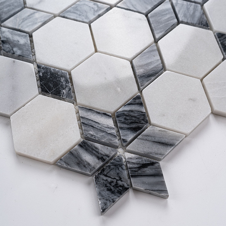 Factory Custom Anti-Mold Adhesive Mosaic Backsplash Kitchen Tiles Waterproof Hexagon Marble Mosaic Tile