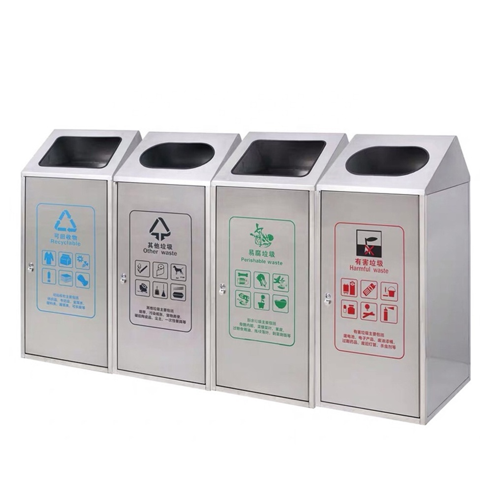 4 Compartment Stainless Steel Recycle Step Trash Can Outdoor Classified Garbage Bin