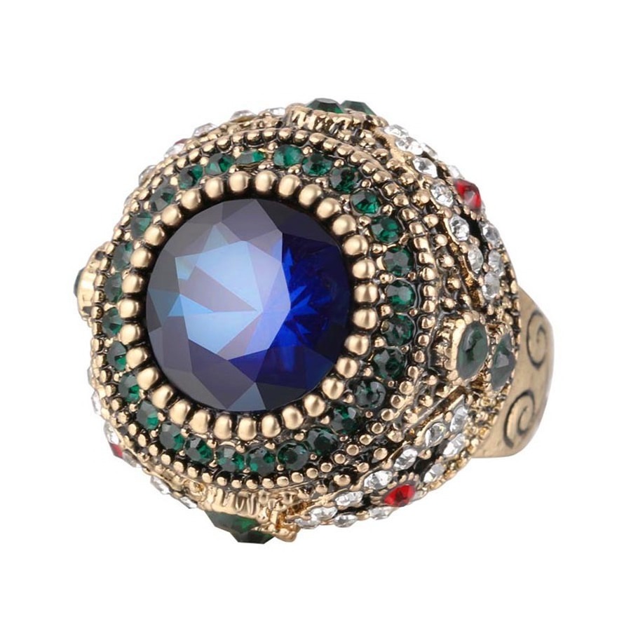 2018 Fashion Gold Antique Ring For Women Bohemian Blue Resin Inlay AAA Crystal Punk Charm King Ring Vintage Jewelry