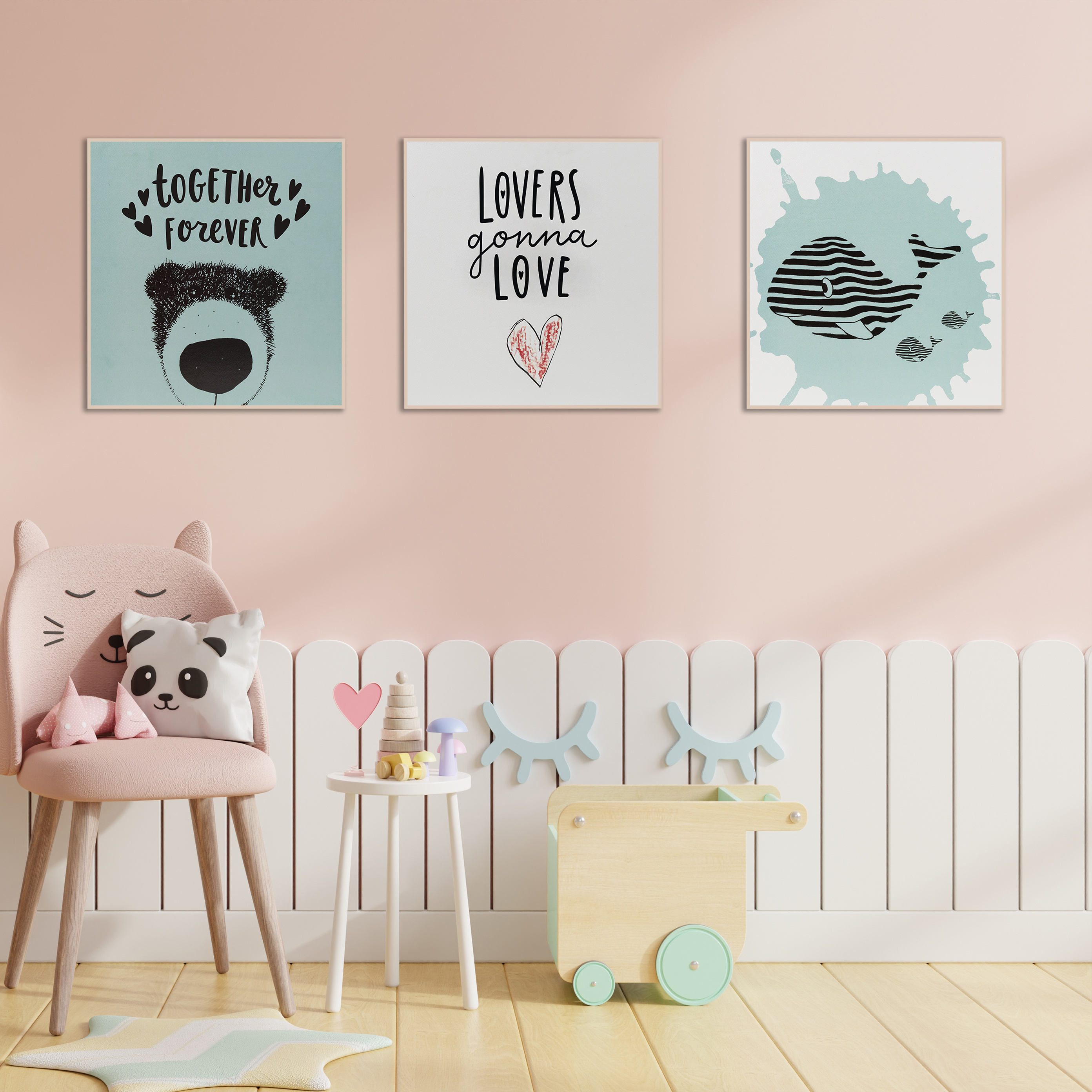 Factory direct whale and bear Cartoon Printing Bed room wooden 3 piece set wall art for kids