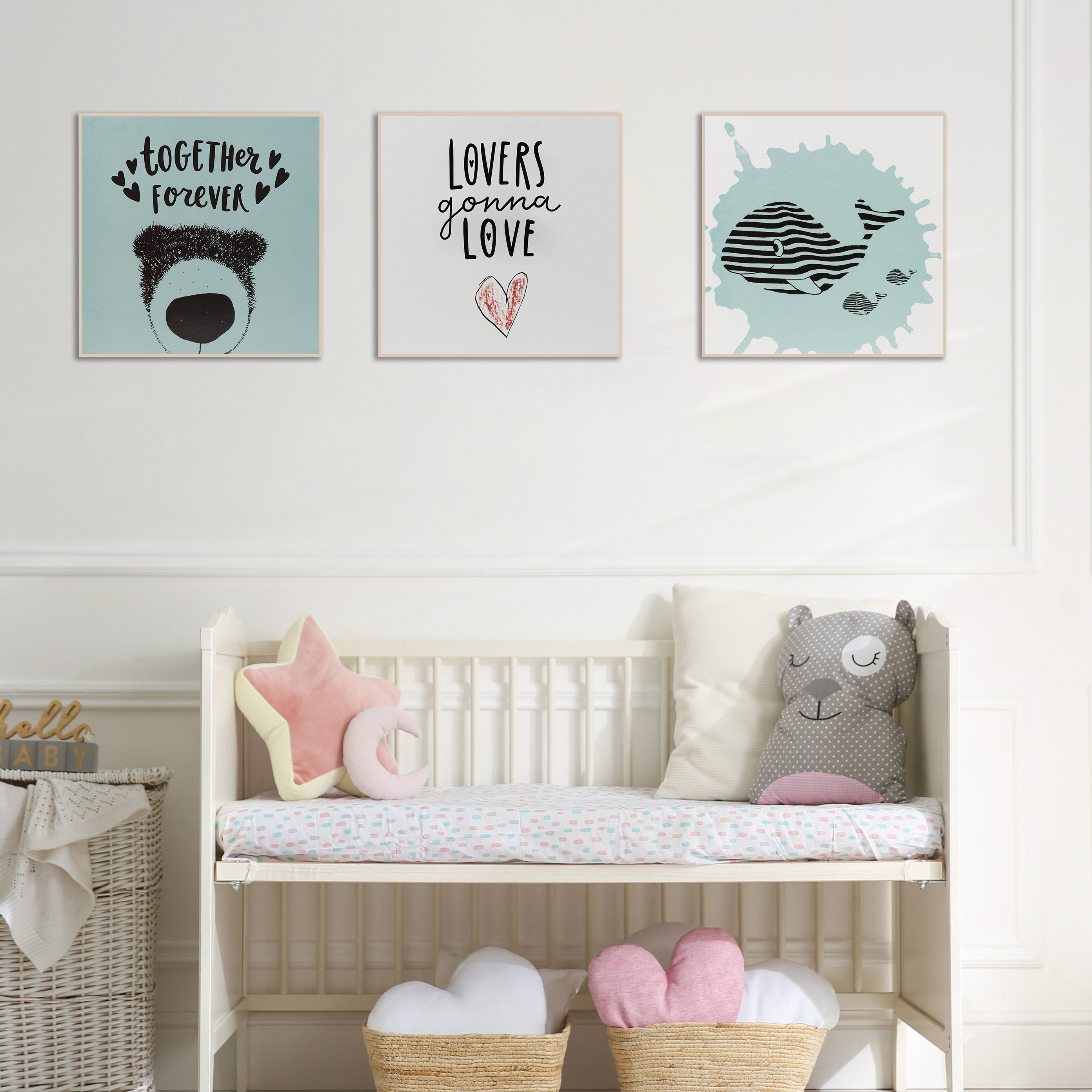 Factory direct whale and bear Cartoon Printing Bed room wooden 3 piece set wall art for kids