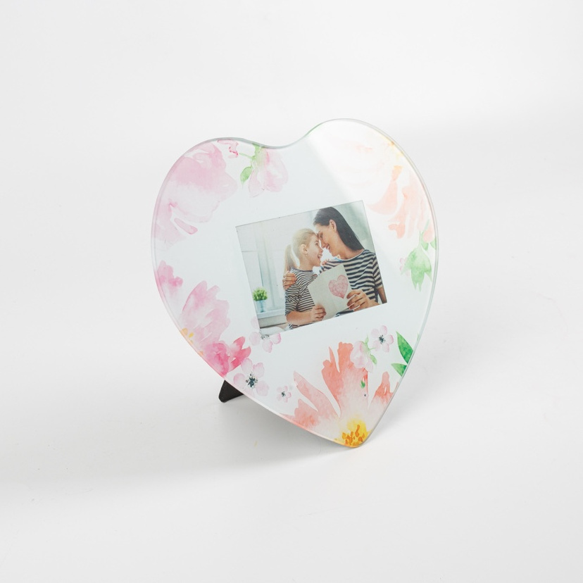 Wholesale colorful flower heart shape glass picture photo frame for Wall Hanging or Tabletop Stand