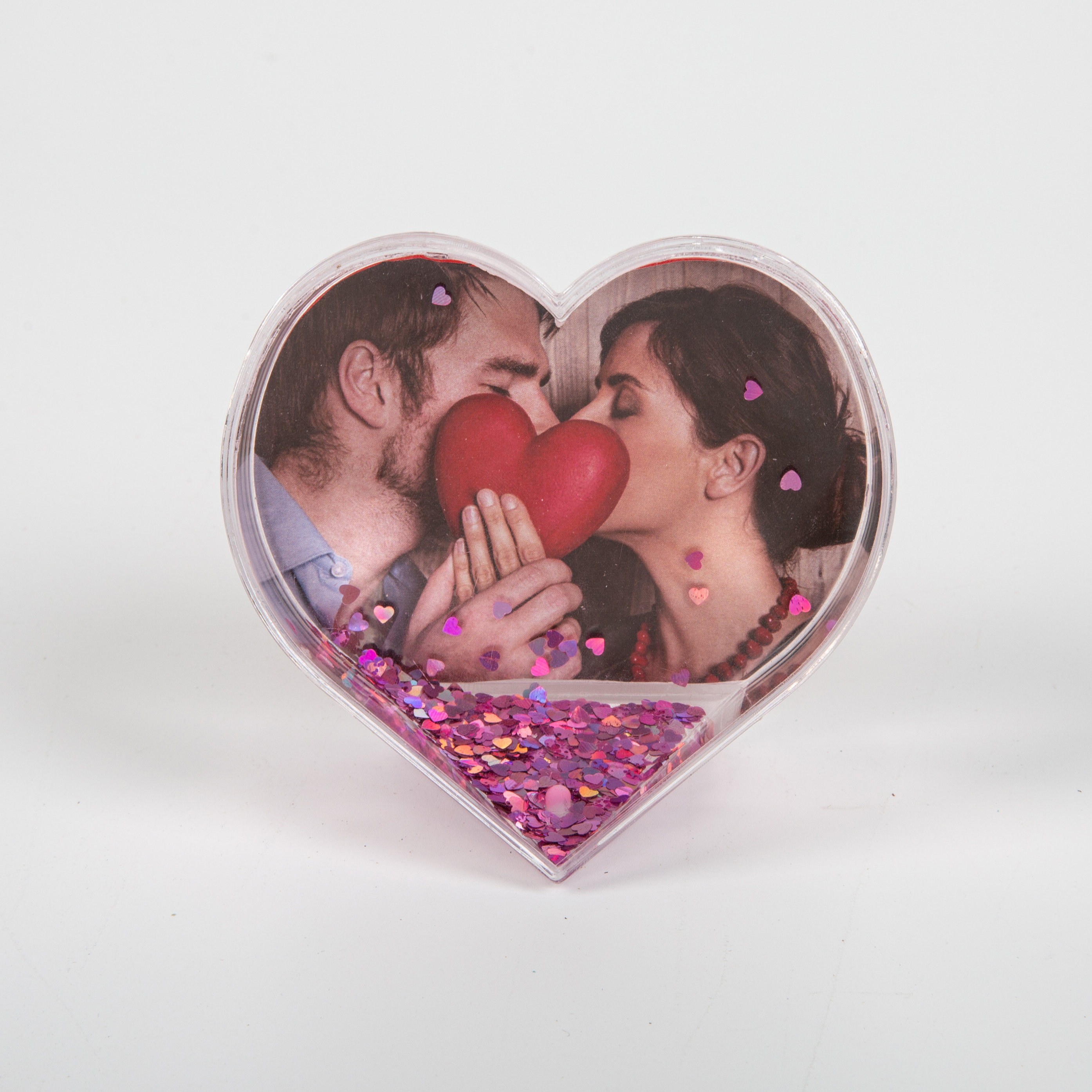 Hot sales wedding decor heart shape liquid floating glitter plastic insert picture photo frame snow water globes