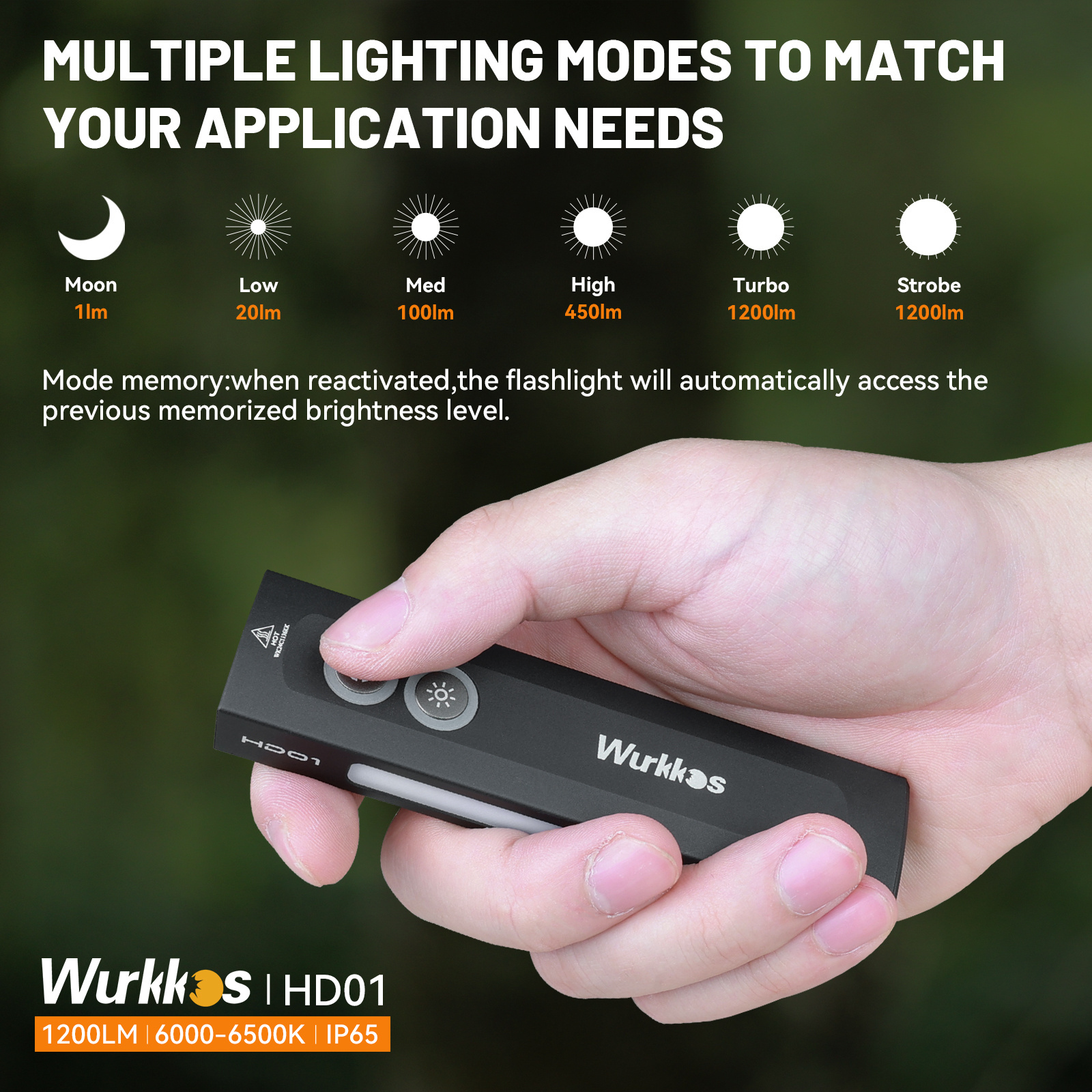 Wurkkos HD01 Rechargeable 1200LM EDC Flashlight Green Beam Spotlight and Floodlight with RGB Light Dual Switch Magnetic Tail