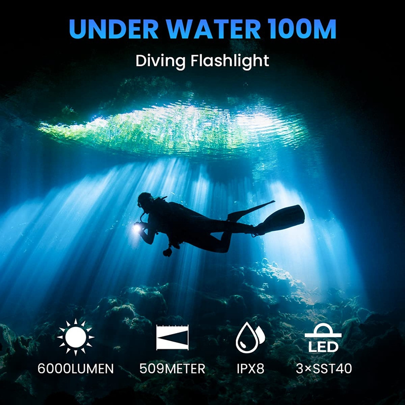 Diving Flashlight Rechargeable High Power  6000 Lumen Water Resistant  18650 Tactical Led Flashlight