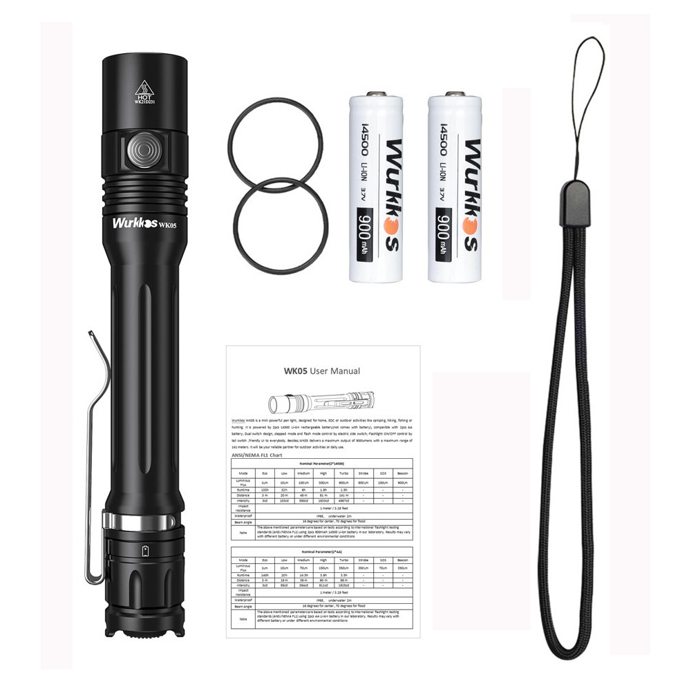 Super Bright IPX8 Waterproof  Penlight  900lm EDC Torch 2*14500 Rechargeable LED Flashlight Running/Camping