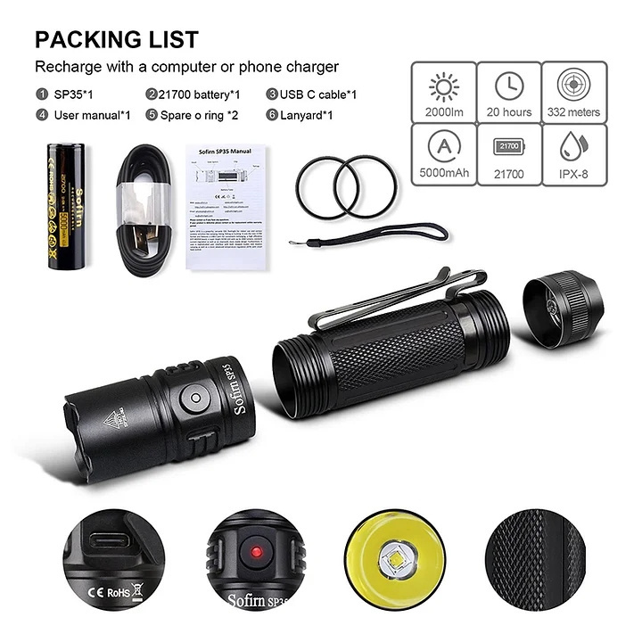 Sofirn SP35 Hot Selling Super Bright  Waterproof USB Rechargeable Torch with ATR and Buck Driver Tactical Led Flashlight