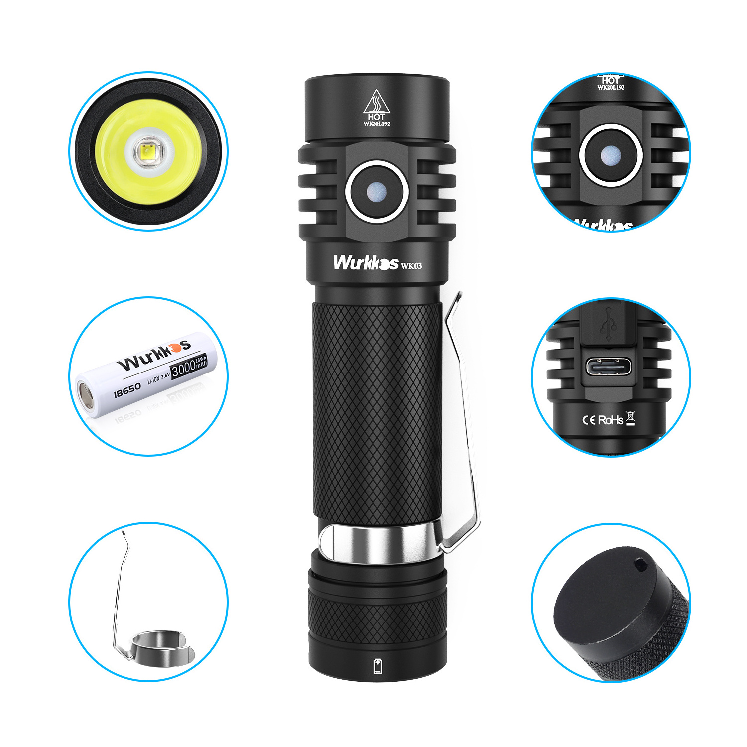 Wurkkos WK03 1800Lumen SST40 Super Bright EDC Torch Waterproof IP68 Pocket Light USB C Rechargeable Small LED Flashlight