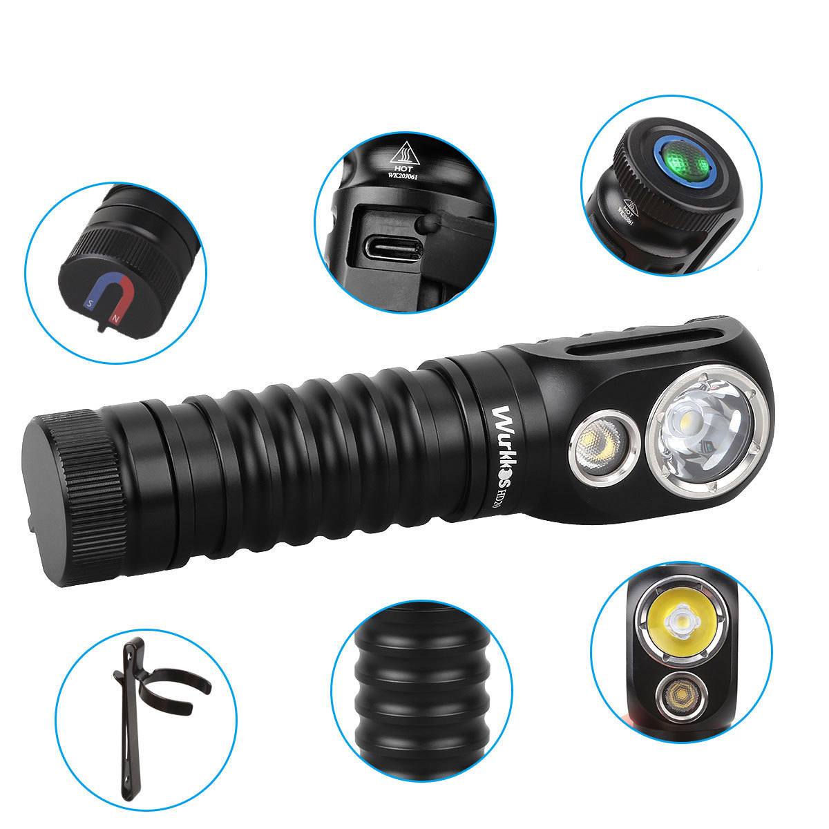 Hot Sale LED Flashlight USB C Rechargeable 21700 2000LM Headlamp Dual LEDs Light Spotlight Floodlight with Magnetic Tail