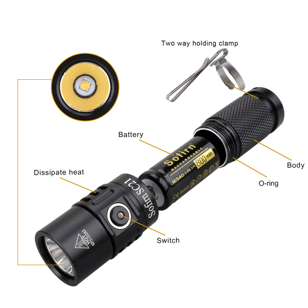 Sofirn Design Water Resistant Torch Light LED High Lumens  Flashlights with Rechargeable Battery