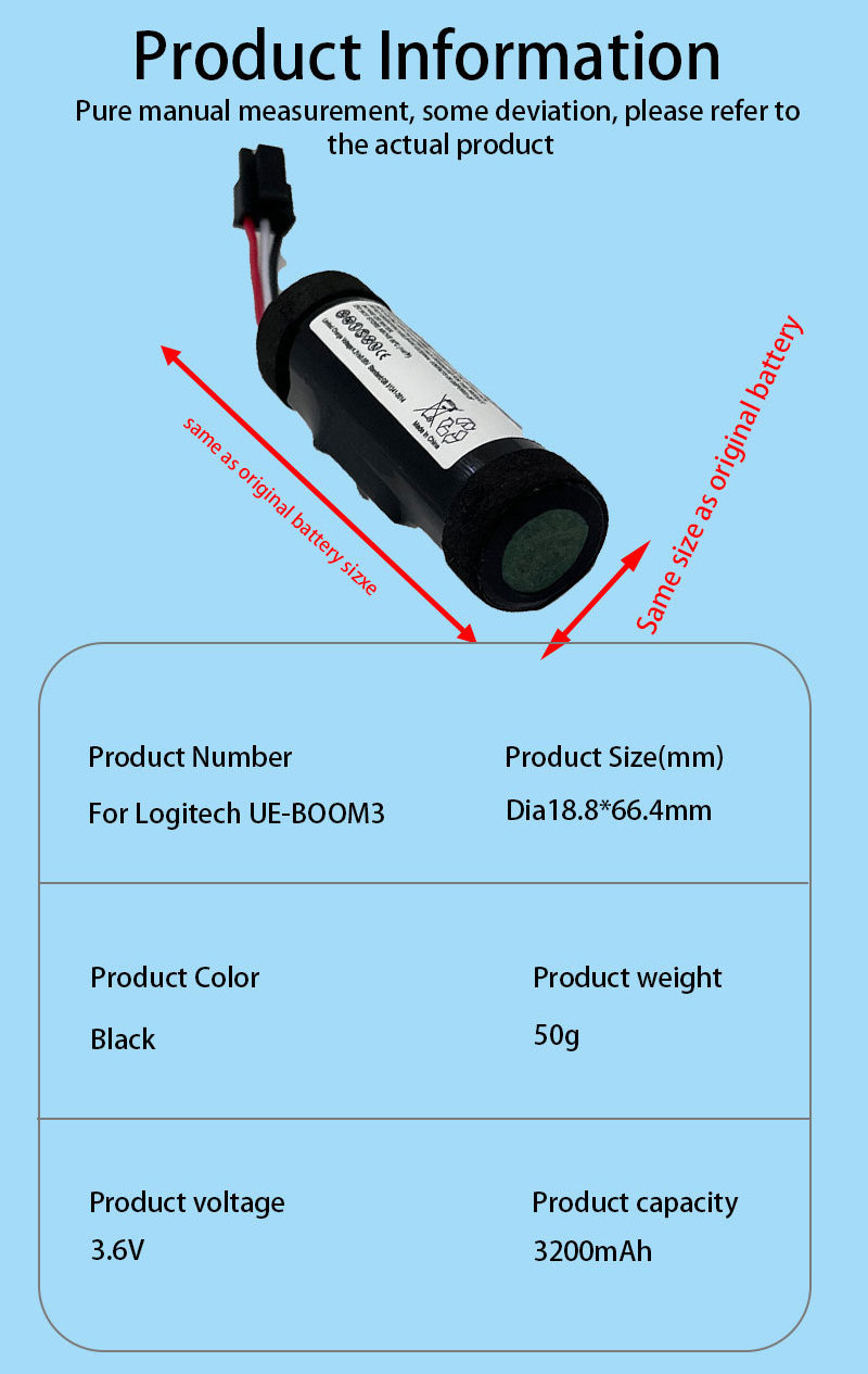 3.6v 3200mAh 11.52wh Battery Replacement For Logitech UE-BOOM3 Bluetooth Speaker 533-000104 Li Ion Rechargeable Batteries