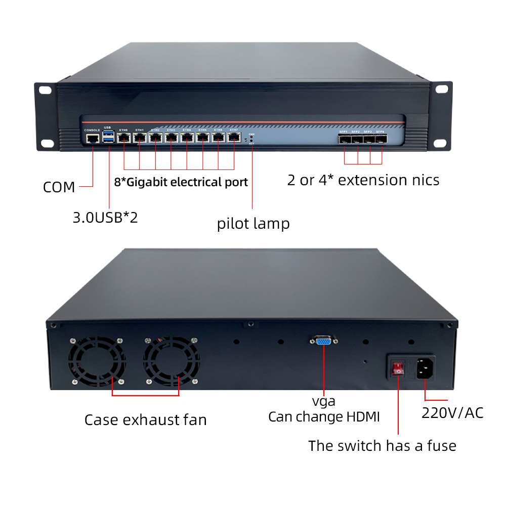 4x10G SFP 8LAN 2U Rackmount Firewall 6th-9th Gen Core i5 i7 Xeon Desktop CPU Business Use Network Management Router C236