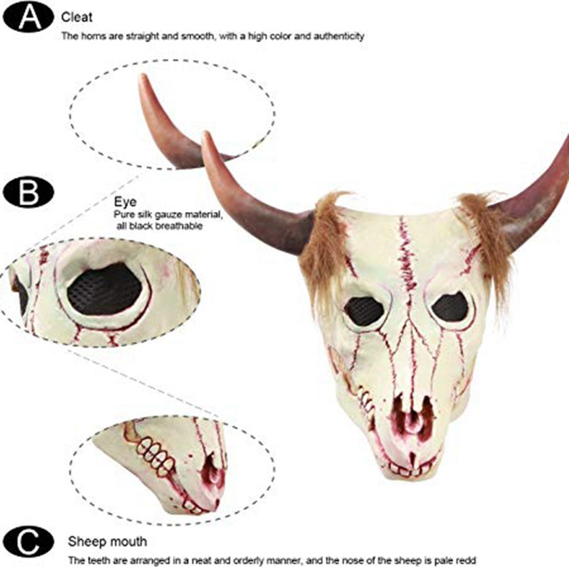 Goat Head Skull Mask Horns Cave Demon Skeleton Blood Goat Sucker Cannibal Mask Latex Adult Halloween Costume