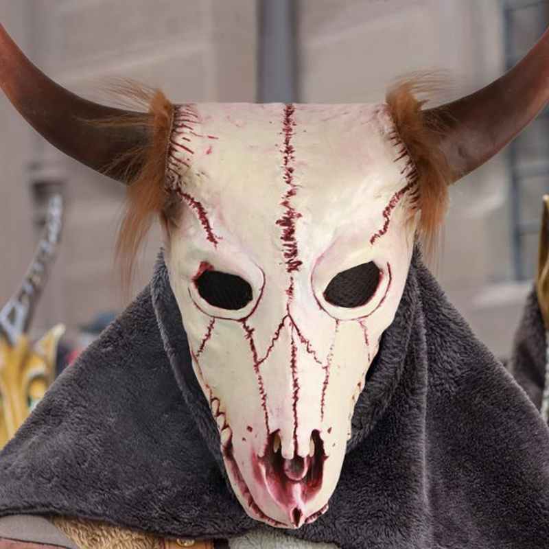 Goat Head Skull Mask Horns Cave Demon Skeleton Blood Goat Sucker Cannibal Mask Latex Adult Halloween Costume