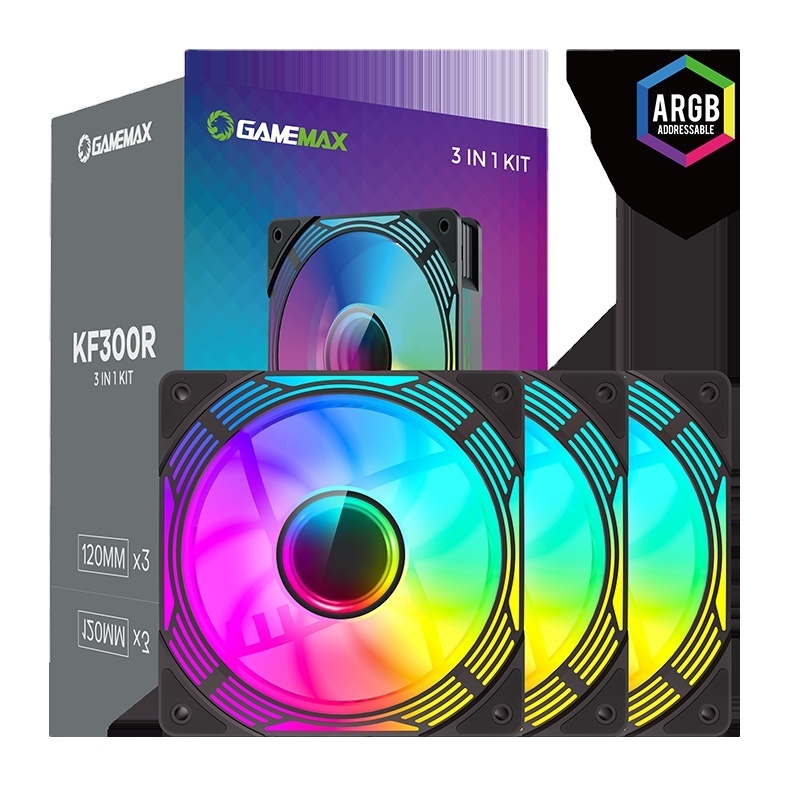 GAMEMAX GameMax KF300 BK, Reverse 120mm Black frame ARGB Fan 3 in 1 Kit, -Reverse Fan Blade Gaming  Cooling Fans