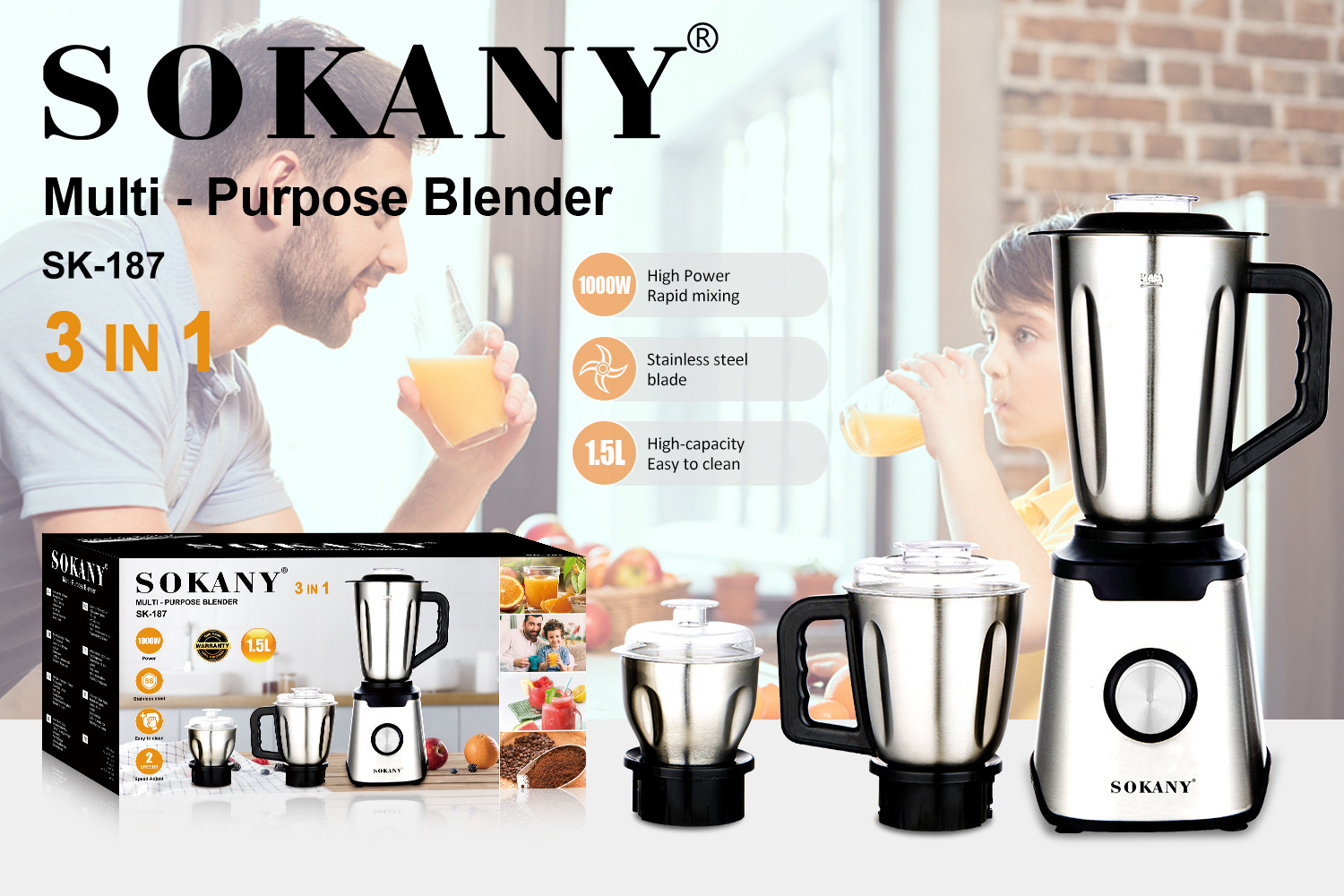 SOKANY187 3-in -1 stainless steel juicer/slow juicer Grinding Machine Factory Direct Sales home appliances