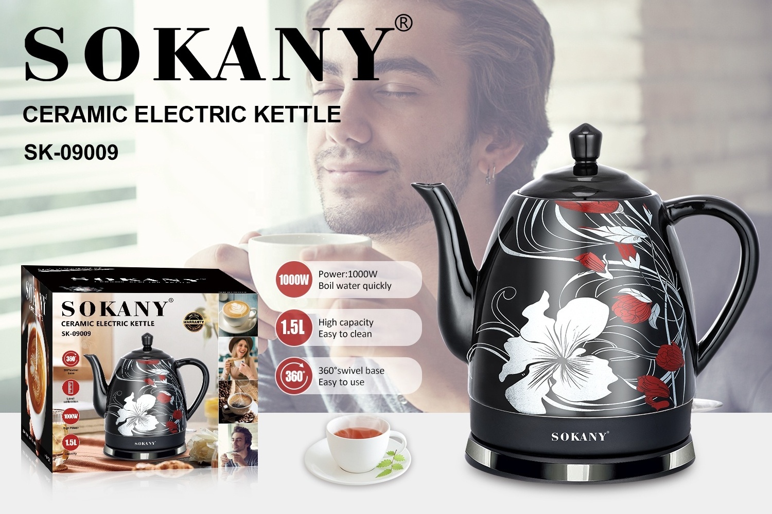 sokany SK-09008   stainless steel 1.5L electric kettle porcelain electric kettle